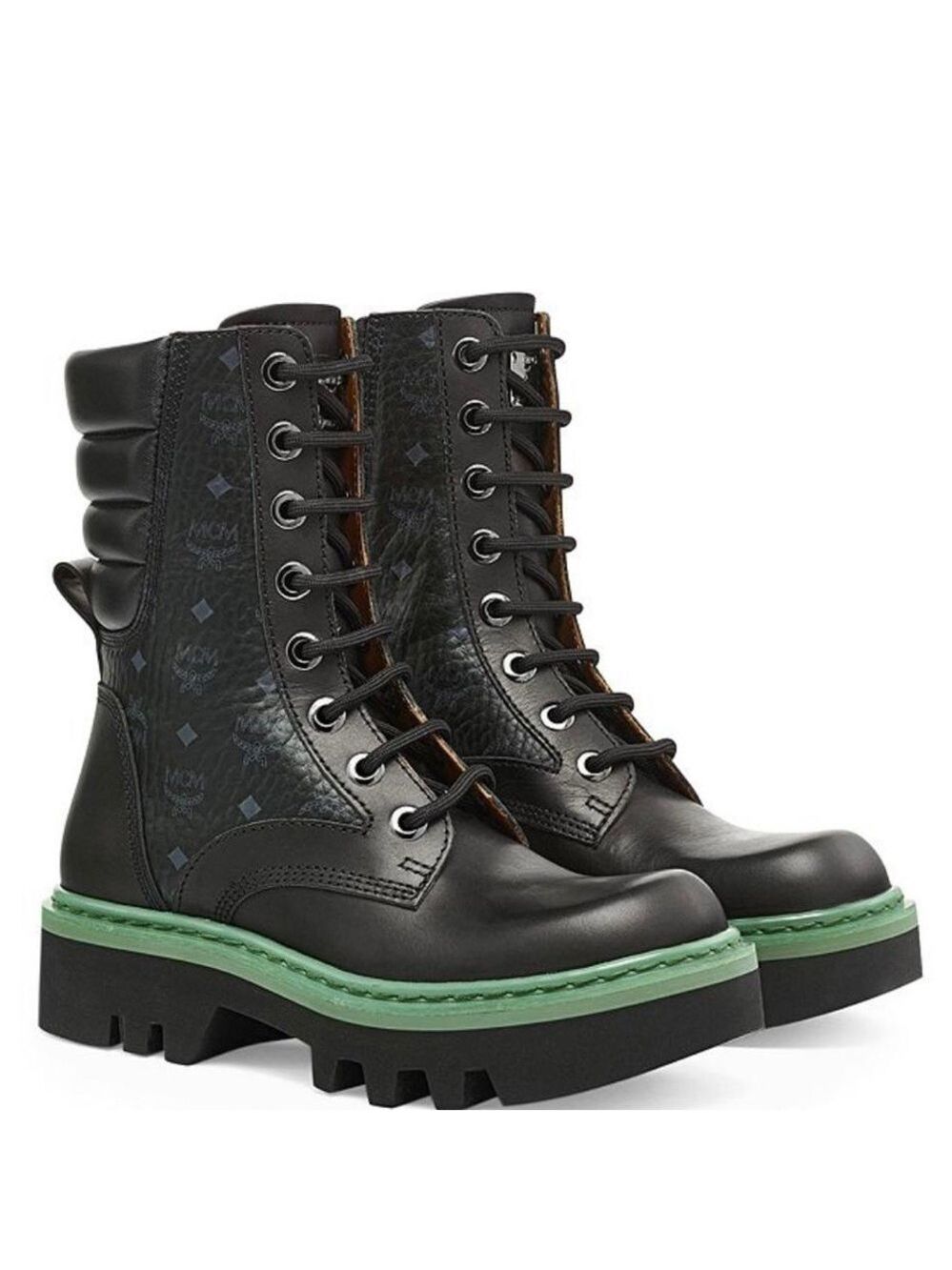 NIB MCM Motor Vise Lace Up Leather Boots in Black / Green